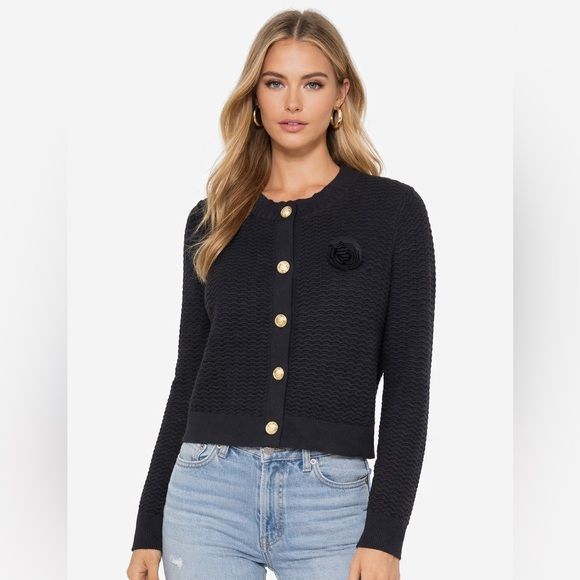 Sweaters - 6090. Luxe Black Textured Button-Up Sweater